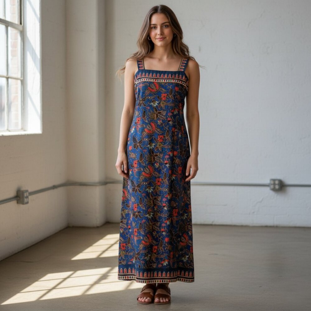 Handmade Floral Print Boho Sleeveless Maxi Dress Navy Blue Orange Brown Indie